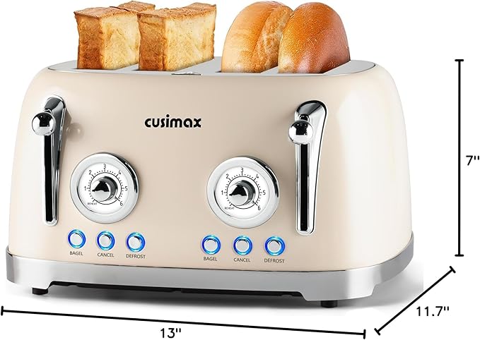 CUSIMAX Toaster 4 Slice, Retro Toaster with Wide Slots for Bagels, Cream