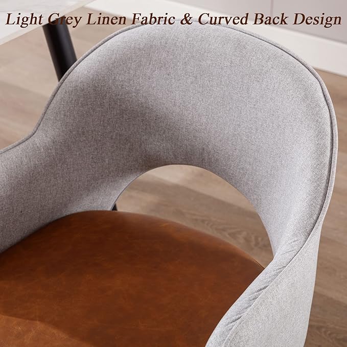 DUOMAY Modern Swivel Dining Chairs Set of 6, Linen & Faux Leather Upholstered Accent Side Chair, Home Office Desk Chair with No Wheels for Dining Room Living Room Office, Light Grey