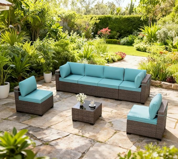 Gotland 7 Pieces Patio Furniture Set with 4’’ Thick Cushions, All-Weather PE Rattan Patio Set with 29.5'' High Backrest, Outdoor Furniture with Coffee Table for Porch Deck Garden Green Blue
