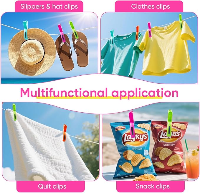 16 Pack Large Beach Towel Clips for Beach Chairs, Towel Holder for Pool Lounge Chair Cruise Essentials, Jumbo Size Clothes Pins Vacation Must Have to Keep Towel from Blowing Away, 4 Bright Colors
