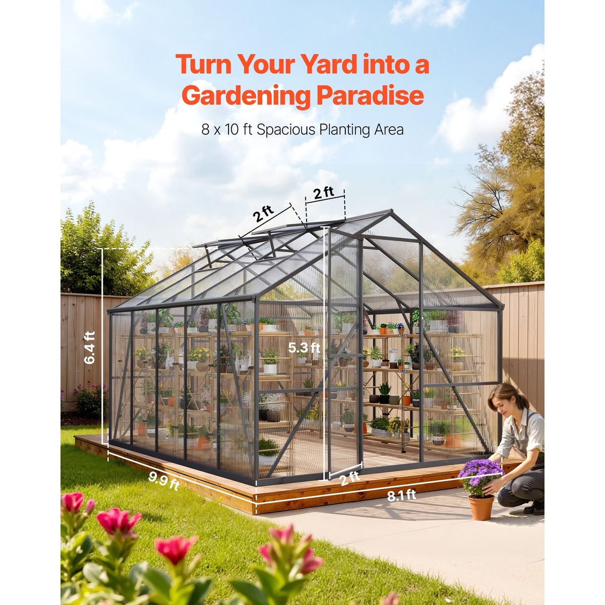 8 x 10 FT Polycarbonate Greenhouse, Heavy Duty Outdoor Green House with Adjustable Vents & Push-Pull Lockable Door, Quick Setup, Aluminum Frame Walk-in Greenhouse Sunroom for Outside Garden Lawn