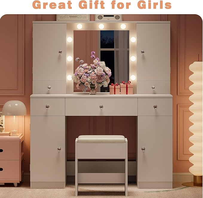 wanan White Vanity with Jewelry Storage, Big Makeup Vanity Desk with Mirror and Lights, 5 Drawers and 4 Cabinets, 45.3'' Large Vanity Set for Bedroom