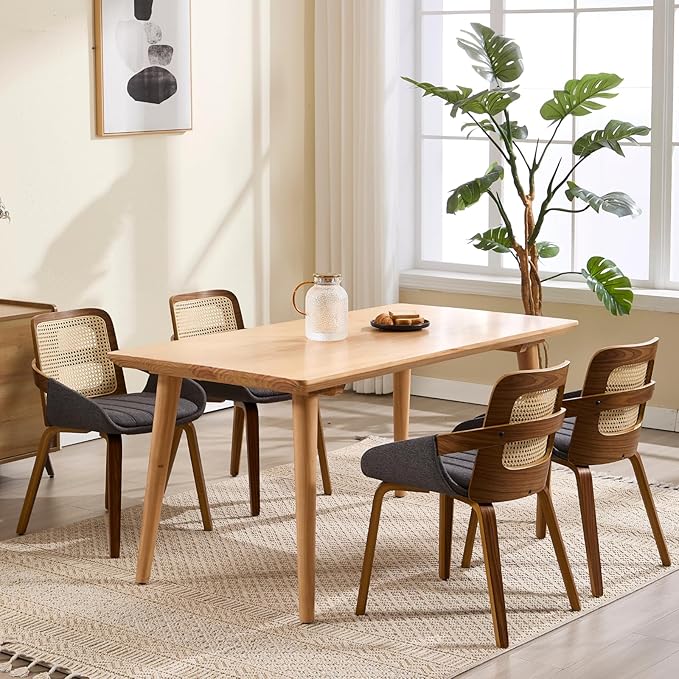 DUOMAY Modern Linen Dining Chairs Set of 2, Cane Back Room Chairs with Solid Wood Legs Kitchen Chairs for Living Room, Restaurant, Grey
