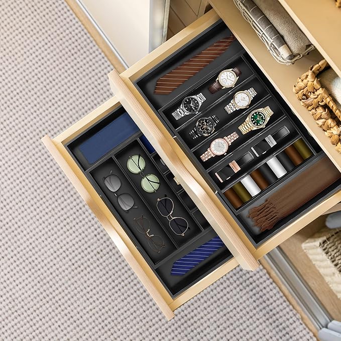 Large Premium Bamboo Silverware Organizer - Expandable Drawer Organizer & Utensil Organizer - 17"x19.7" Cutlery Tray with Dividers for Kitchen Utensils and Flatware (7-9 Slots) (Black)