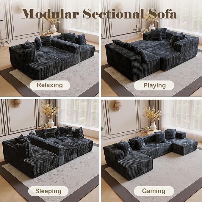 106'' Boneless Couches for Living Room, L Shaped Modular Sectional Sofa with Chaise Lounge, Faux Rabbit Fur & Layered Cushion Deep Seat Cloud Couch, No Assembly (Dark Grey, 130 U Shaped)