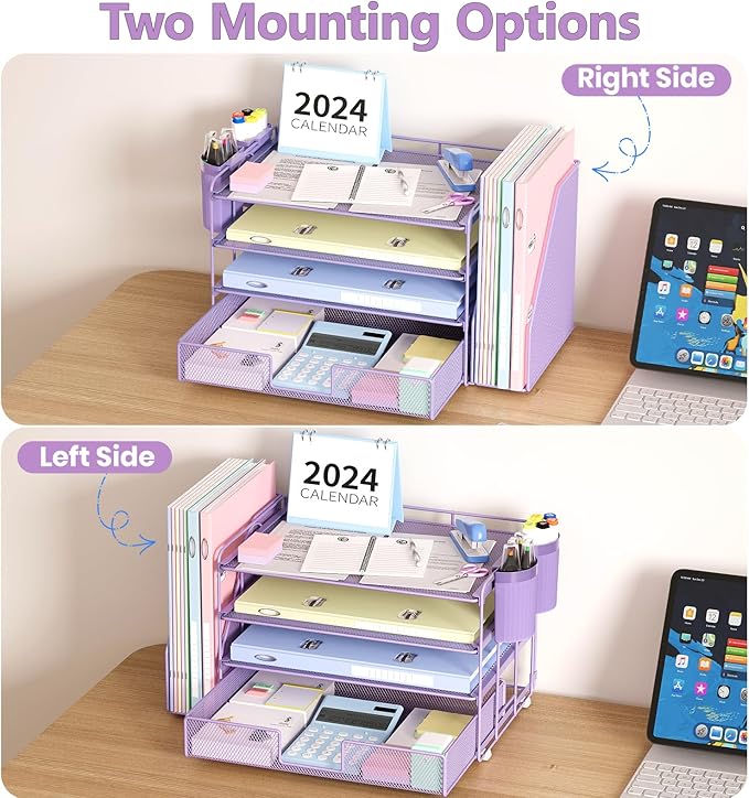 Desk Organizer and Accessories, 4-Tier Desktop File Organizer with Drawer and 2 Pen Holders, Office Desk Accessories for Office Supplies(Purple)