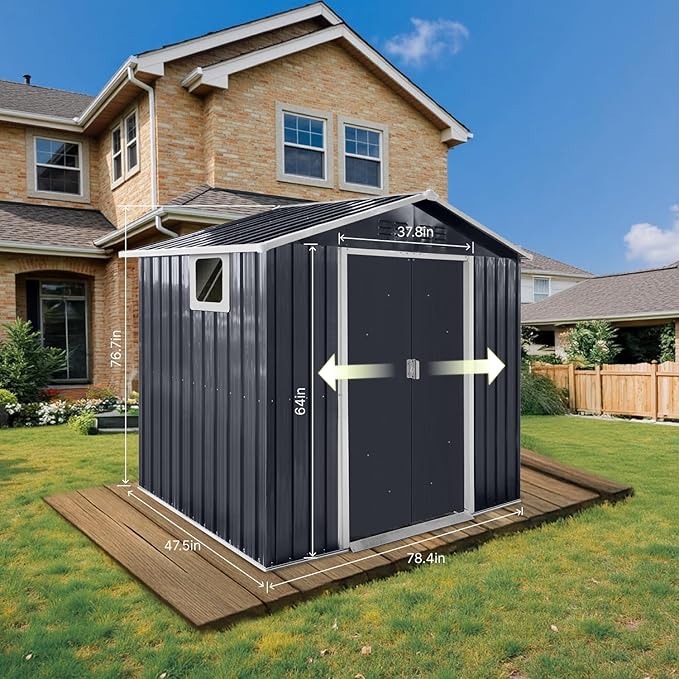 7x4.3 Ft Outdoor Storage Shed, Heavy-Duty Metal Shed with Windows & Secure Lockable Doors, Ideal Storage Shed for Outdoor, Patio, Garden, and Backyard, Black