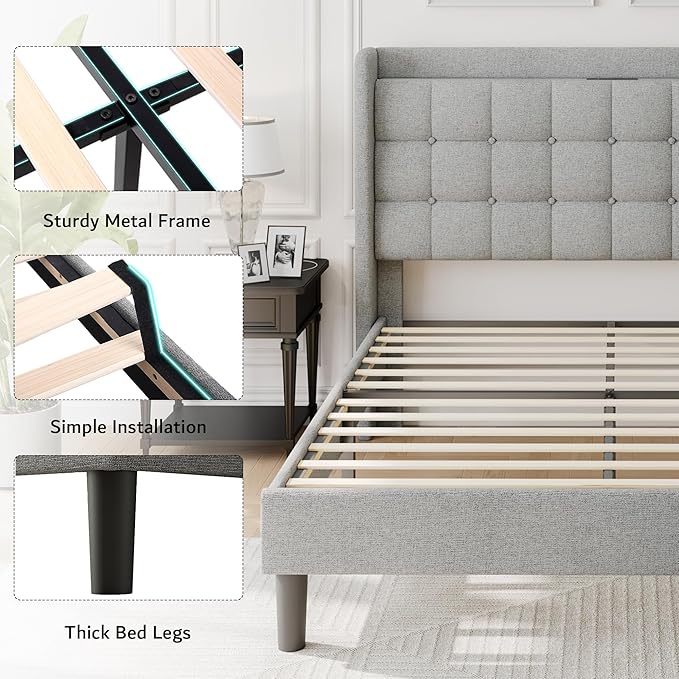 iPormis Full Size Upholstered Platform Bed, Button Tufted Wingback Bed Frame with Charging & Storage Headboard, No Box Spring Needed, Light Gray