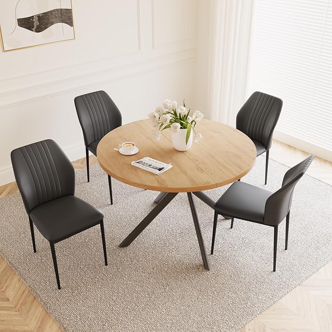 45.3 Inch Round Dining Table Set for 4, Mid Century Modern Small Kitchen Coffee Set for Dining Room Kitchen Apartment (Oak Table + 4 Black Chairs)