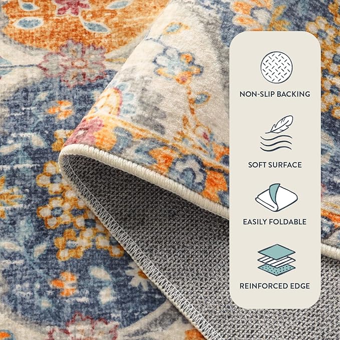 Lahome Moroccan Trellis Washable Small Area Rug, 3x5 Area Rug for Bedroom Living Room, Non-Slip Oriental Accent Throw Carpet for Kitchen Office Entryway Bathroom Office, Cream/Multi