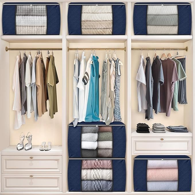 Fab totes 24 Gallons Clothes Storage,Foldable Thick Fabric Blanket Storage Bags, Containers for Organizing Bedroom, Closet, Clothing, Comforter, Organization with Handle (10 Pack,Blue)