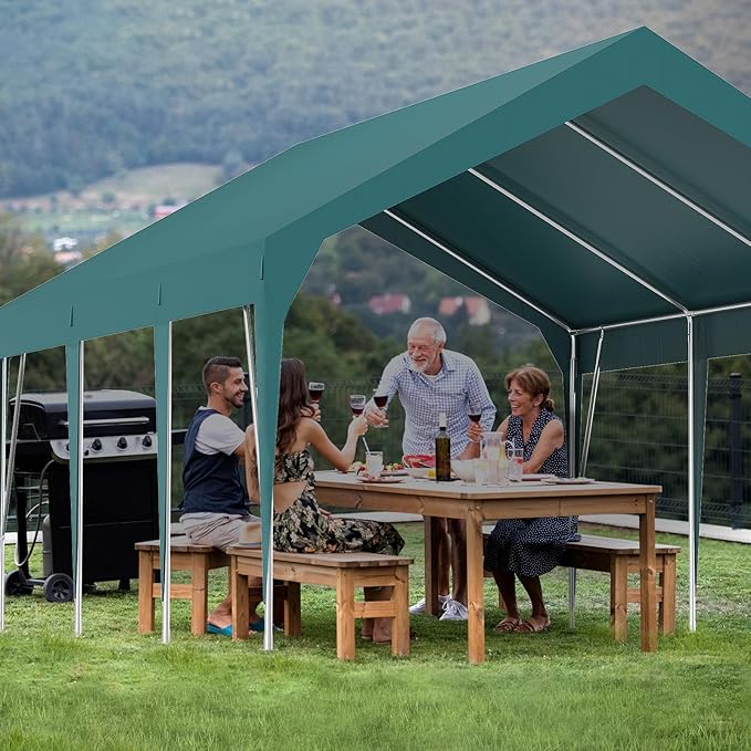 13x20FT Heavy Duty Carport Canopy with Sturdy Frame, Portable Waterproof and UV-Resistant Garage Shelter, Adjustable Height for Car, Boat, Outdoor Storage and Parties Green