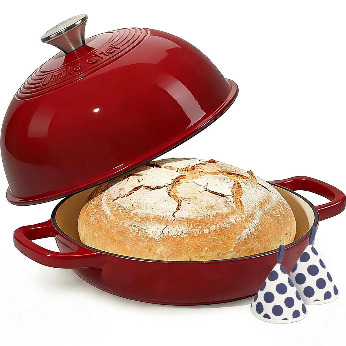 Enamelled Cast Iron Dutch Oven Pot – Dutch Oven Pot with Lid For Sourdough Bread Baking – Cast Iron Bread Oven – Red, Umite Chef 6QT Pot with Lid & Cotton Potholders