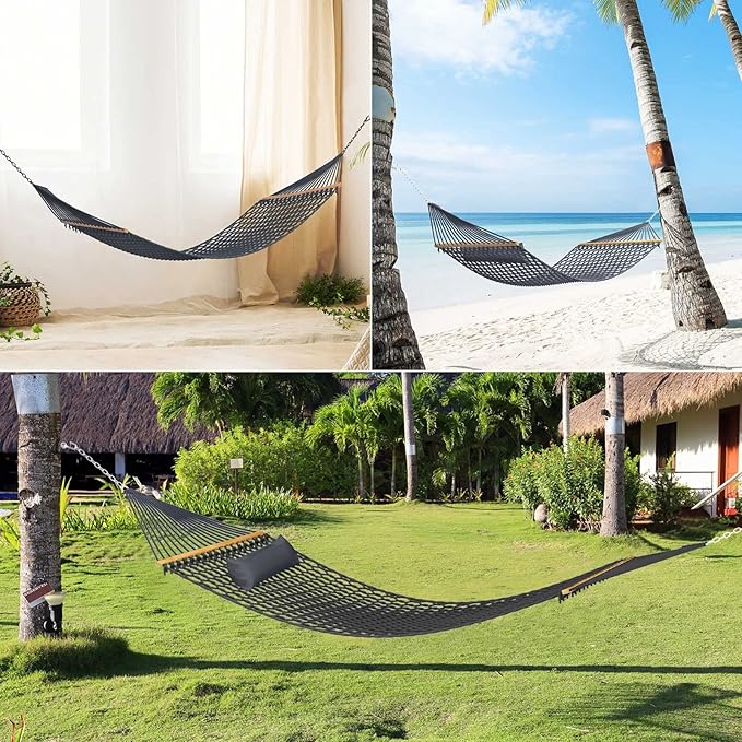 13FT Hammocks, Traditional Hand Woven Cotton Rope Hammock with Free Extension Chains for Outdoor Indoor Patio Yard 450 LSB Capacity for Two Person (Dark Grey)