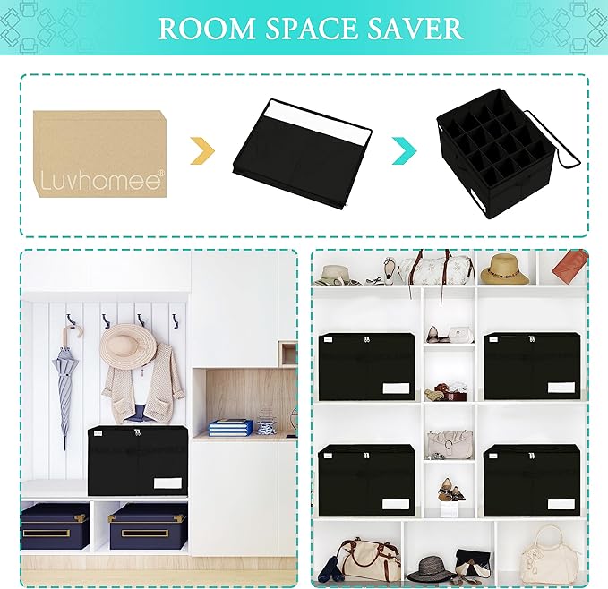 Luvhomee Shoe Storage Organizer, Fits 16 Pairs, Large Shoe Organizer Box for Closet, Clear Foldable Shoes Containers w/Bottom Support, Space Saving Shoe Cubby Storage Boxes w/Reinforced Handles, Black