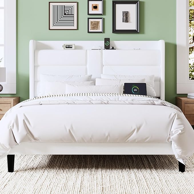 Allewie Queen Size Platform Bed Frame with Charging Station & Storage Headboard, Upholstered Velvet Wingback Design & USB Port, Strong Wooden Slats Support, No Box Spring Needed, Easy Assembly, White
