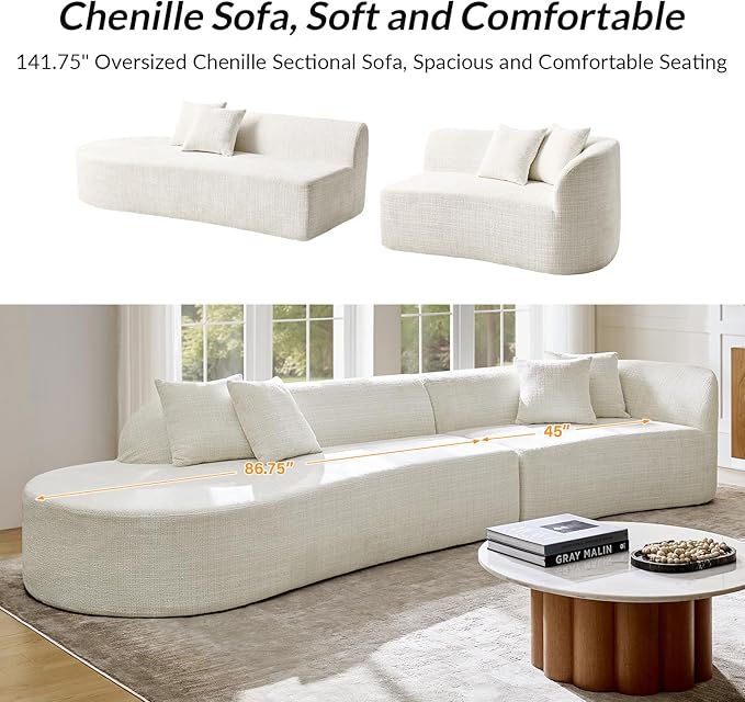 141.75" Oversized Boneless Sectional Sofa with 4 Pillows, Modern Curved Design All-Foam Cushion, No Assembly Required Large Floor Cloud Couch for Living Room, Ivory