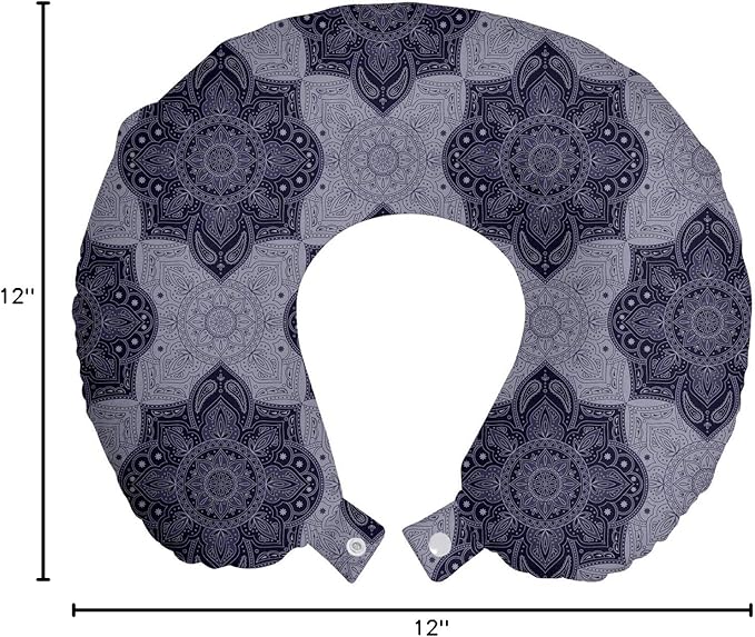 Ambesonne Bohemian Vintage Travel Pillow Neck Rest, Floral Oriental Ornamental Design Mandala Flower Monochrome, Memory Foam Traveling Accessory for Airplane and Car, 12", Indigo Quartz Ceil Blue