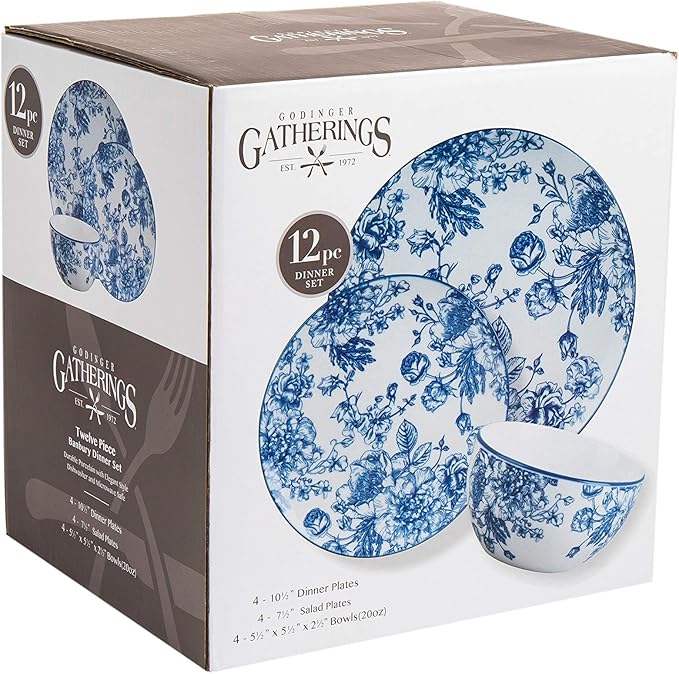 Godinger Dinnerware Set Banbury Porcelain Dinner Plate, Salad Plate, Soup Bowl - 12 Piece Set
