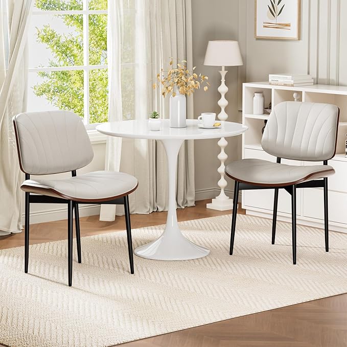 Dining Chairs Set of 8, Mid-Century Modern Upholstered PU Leather Chairs with Walnut Bentwood Back and Metal Legs Adjustable Feet for Kitchen Dining Room, Off-White Shell Strips