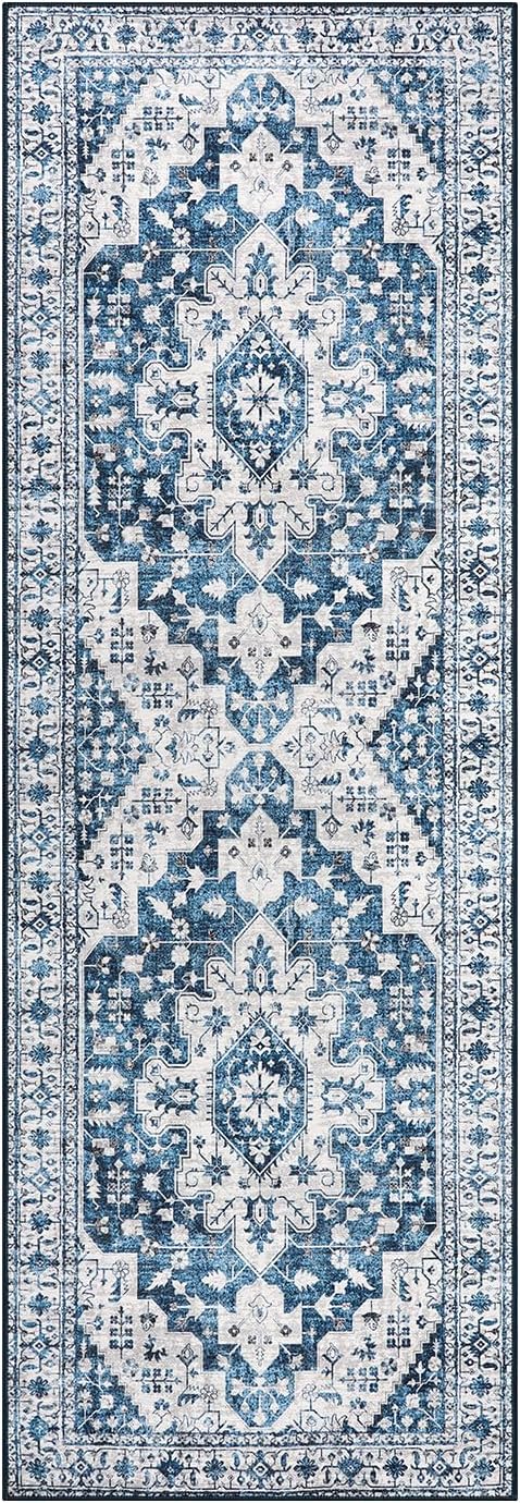 Moynesa Ultra-Thin Washable Runner Rug - 2x6 Blue Laundry Room Rug Washable Kitchen Runners Bathroom Carpet Runner, Oriental Printed Pet Friendly Hallway Runners for Bedroom Entrance Entryway RV
