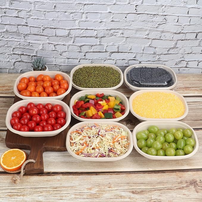 20 oz Disposable salad bowls with lids, Sugarcane Fiber Paper Bowls take away Bagasse food containers meal prep deli container 50 Pack