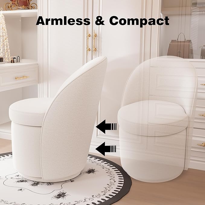 YOUNIKE Vanity Bench Boucle Fabric Beige Solid Wood Swivel Accent Chair with Backrest Easy Assembly Dressing Stool for Bedroom & Makeup Room