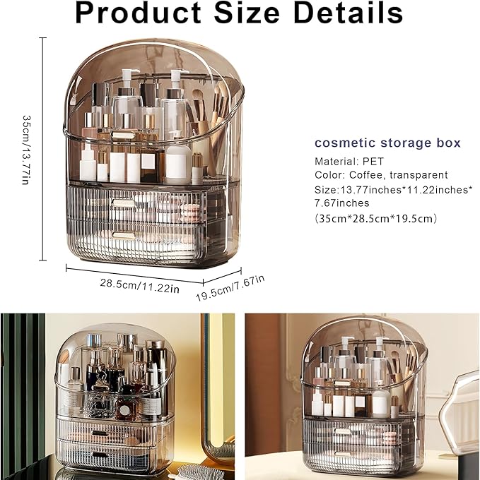 DASITON Makeup Organizer for Vanity,Large Capacity Cosmetic Organizer for Countertop,3 Layers Makeup Storage Organizer,Waterproof & Dustproof Cosmetic Display Case for Bathroom,Dresser,Bedroom(Coffee)