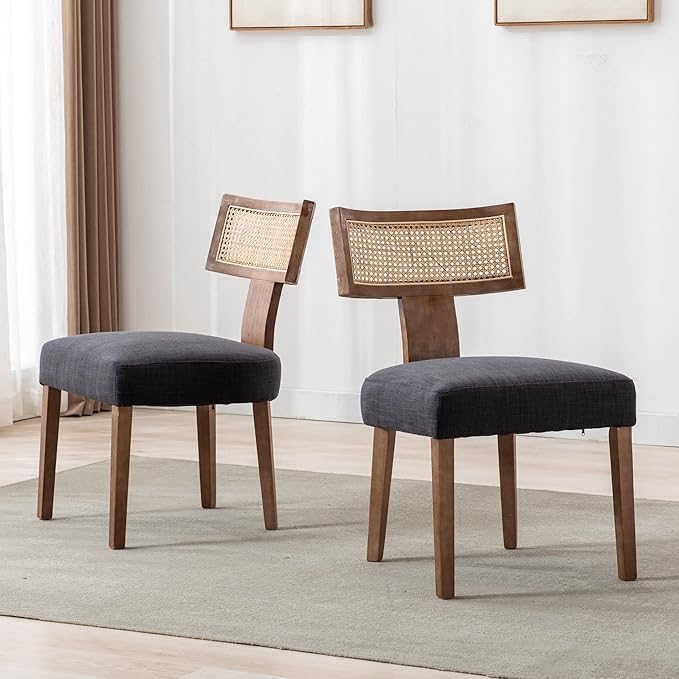 Rattan Dining Chairs Set of 6, Modern Fabric Upholstered Kitchen Chairs, Wooden Dining Room Chair Farmhouse Dinner Chair, Charcoal