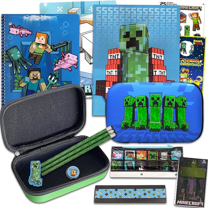 Minecraft School Supplies Set - Boys' Minecraft Pencil Case & Notebook Bundle with Stickers, Door Hanger & More