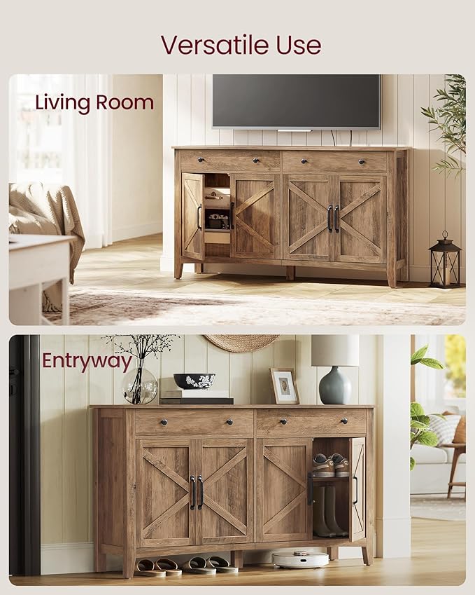 VASAGLE LIRY Collection - Buffet Cabinet, Coffee Bar Cabinet with 2 Drawers, Adjustable Shelves, Sideboard Storage with Cable Holes, Drawer Dividers, Honey Brown UBBK381K01