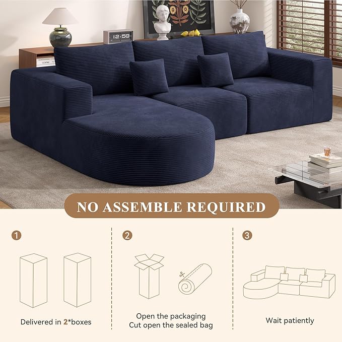 Modular Sectional Sofa with L-Shape Chaise,Cloud Sectional Modern Sleeper Couch with Deep Seat,Sponge Compression Sofas No Assembly Required (Blue-Corduroy Fabric) 1PCS