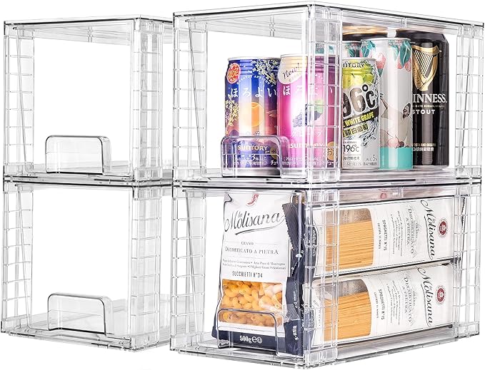 2Pack Large Stackable Kitchen Storage Drawers, Clear Foods Organizer Bins with Handles, Easily Assemble for Bathroom, Kitchen, Pantry, Cabinet, Closet(XL-Down Handle)