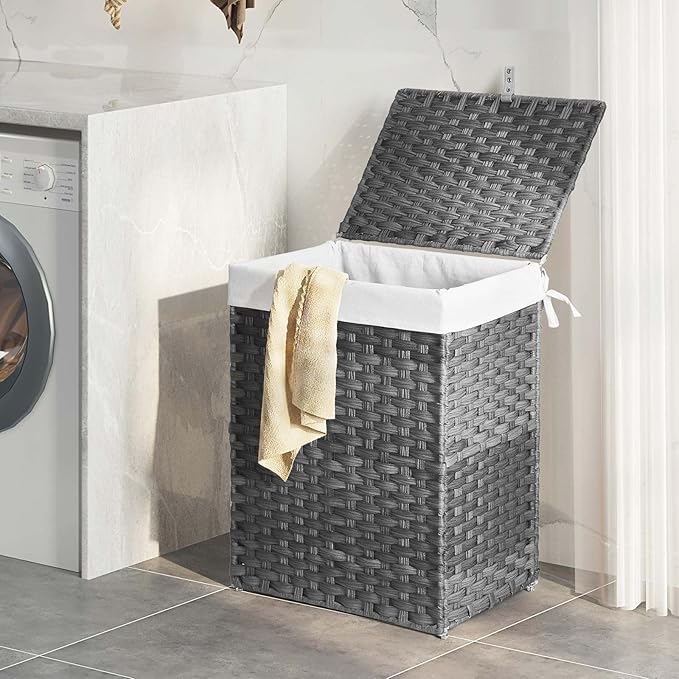 Greenstell Laundry Hamper with Lid, 90L Clothes Hamper with 2 Removable Liner Bags & 2 Mesh Laundry Bags, Handwoven Synthetic Rattan Laundry Basket for Clothes, Toys in Bathroom, Bedroom Grey