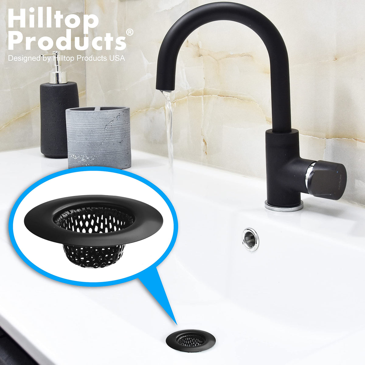 2 Pack - 2.25" Top / 1" Basket- Black Sink Strainer Bathroom, Utility, Slop, Laundry, RV and Lavatory Sink Drain Strainer Hair Catcher. Stainless Steel with Black Electroplated Coating