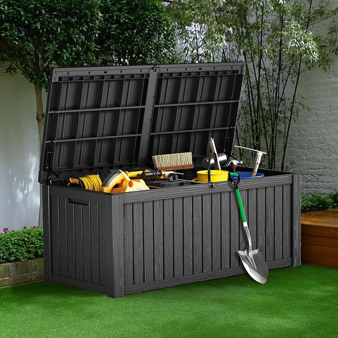 180 Gallon Resin Deck Box, Waterproof Outdoor Storage Bin for Patio Furniture, Pool Accessories, and Garden Tools, Lockable & UV-Resistant, Black