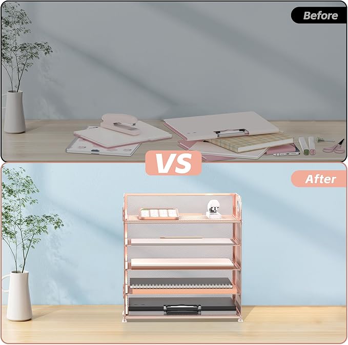 Supeasy 5 Trays Paper Organizer Letter Tray with Handle-Mesh Desk File Organizer, Paper Sorter Desk Organizer for Office, Home or School (Rose Gold)