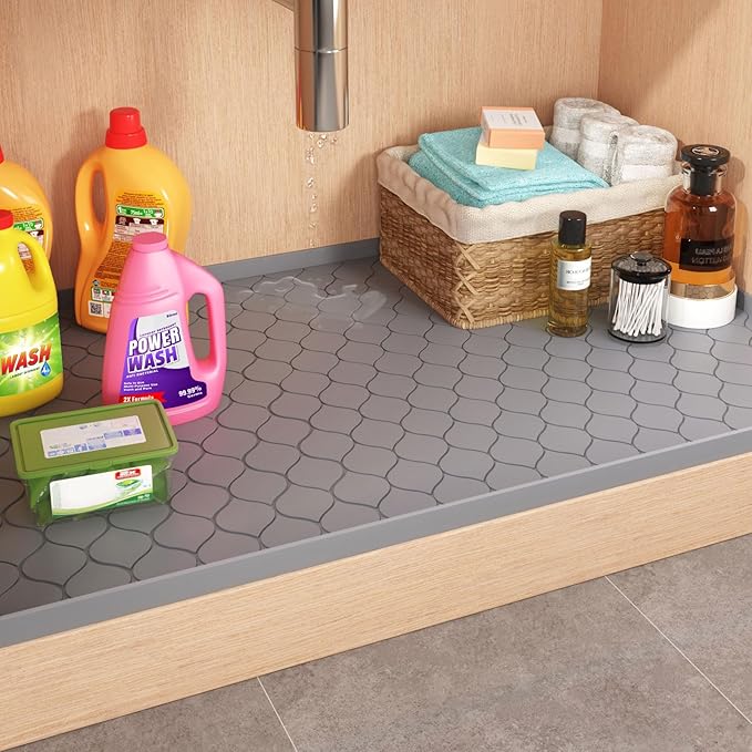 Silicone Under Sink Mat 34" x 22", kitchen Essentials and Gadgets, Shelf liner and Cabinet Protector, Home Organizers and Storage, Waterproof Bathroom Tray