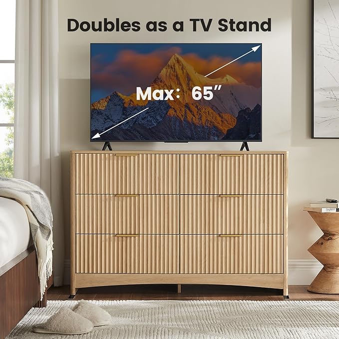 Amada Modern 6 Drawer Dresser, Fluted Wood Chest of Drawers with Rounded Corners, Pre-Installed Drawer Slides, Dresser TV Stand and Storage Organizer for Bedroom, Hallway, Natural Oak