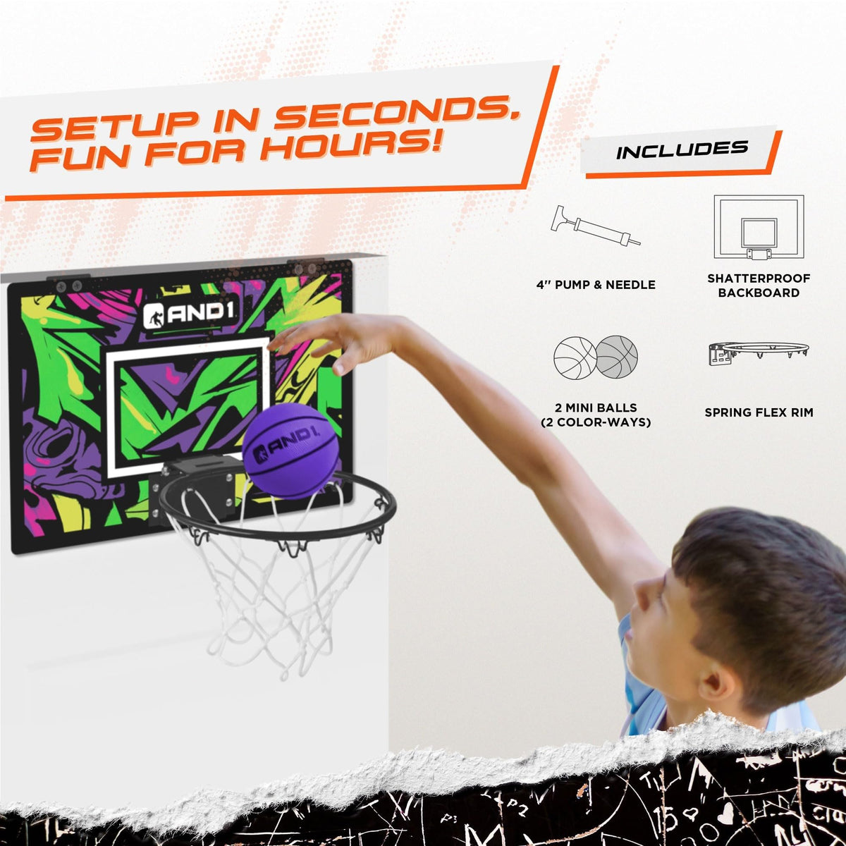 AND1 Over the Door Mini Basketball Hoop: 18x12 Shatterproof Backboard, 2 Mini Basketballs, and Hand Pump Included- Ultimate Indoor Basketball Accessory for Kids and Adults, No Tools Required