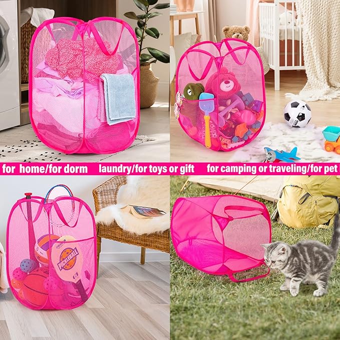 2 Pack Sturdy Mesh Pop up Laundry Hamper Basket with Side Pocket for Laundry Room, Bathroom, Kids Room, College Dorm or Travel Blush