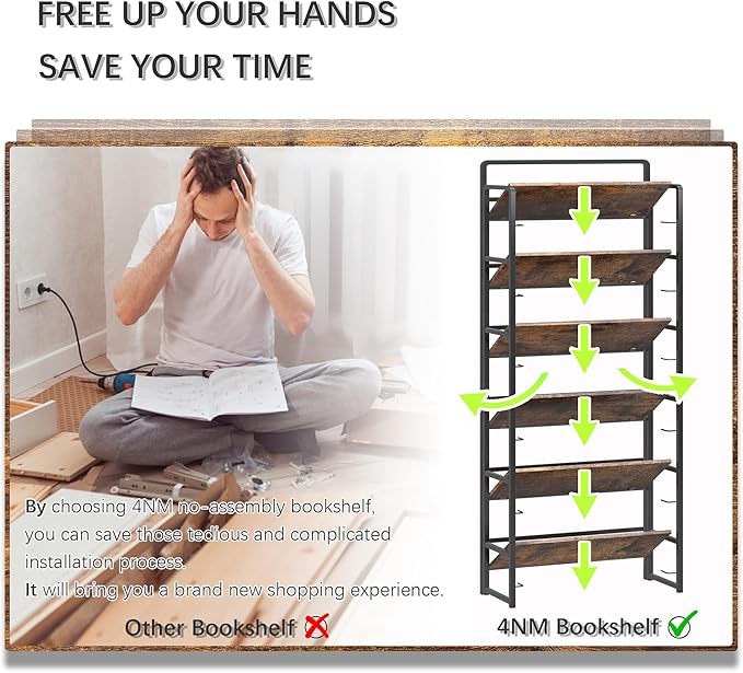 4NM No Assembly 6 Tiers Folding Bookshelf Storage Shelves Vintage Bookcase Standing Racks Study Organizer Home Office (Rustic Brown Black)