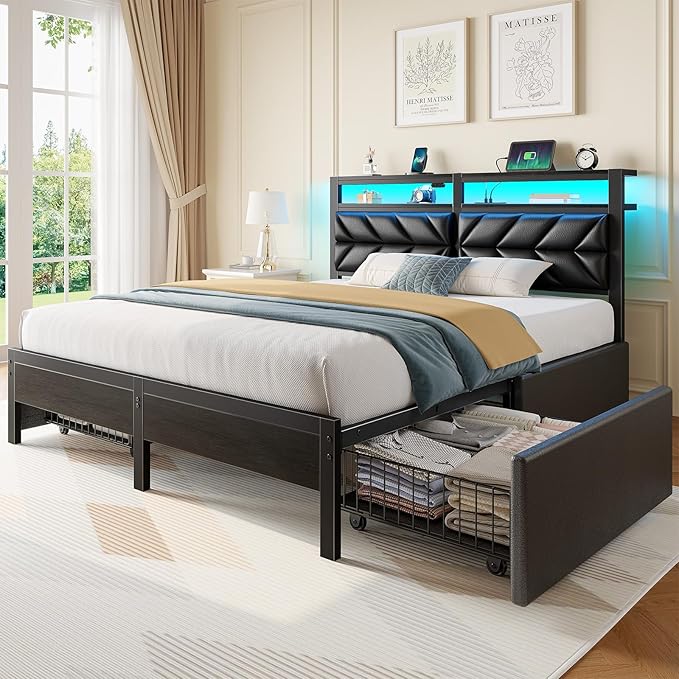Seventable Full Size Bed Frame with 4 Storage Drawers, Charging Station & LED Lights, Upholstered Headboard with 2-Tier Shelves, Metal Platform Bed, No Box Spring Needed, Noise-Free, Black