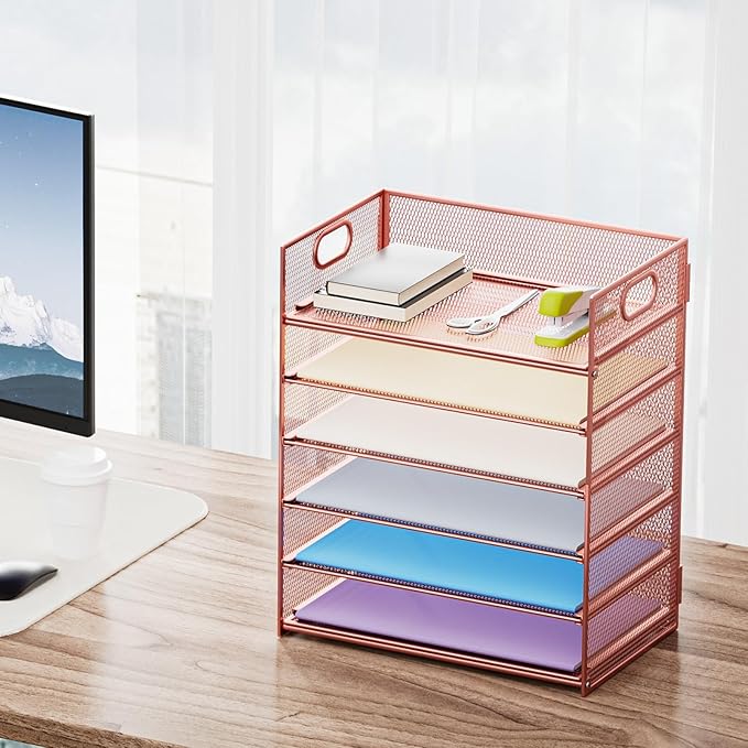 Marbrasse 6 Tier Paper Organizer Letter Tray - Mesh Desk File Organizer with Handle, Paper Sorter Organizer for Letter/A4 Office File Folder Holder - Rose Gold