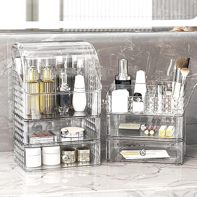 Stackable Clear Makeup Organizer Cosmetic Storage Box, Makeup Display Cases Skincare Organizer, Plastic Makeup Holder for Vanity, Bathroom, Cabinet, Desk Countertop (B)
