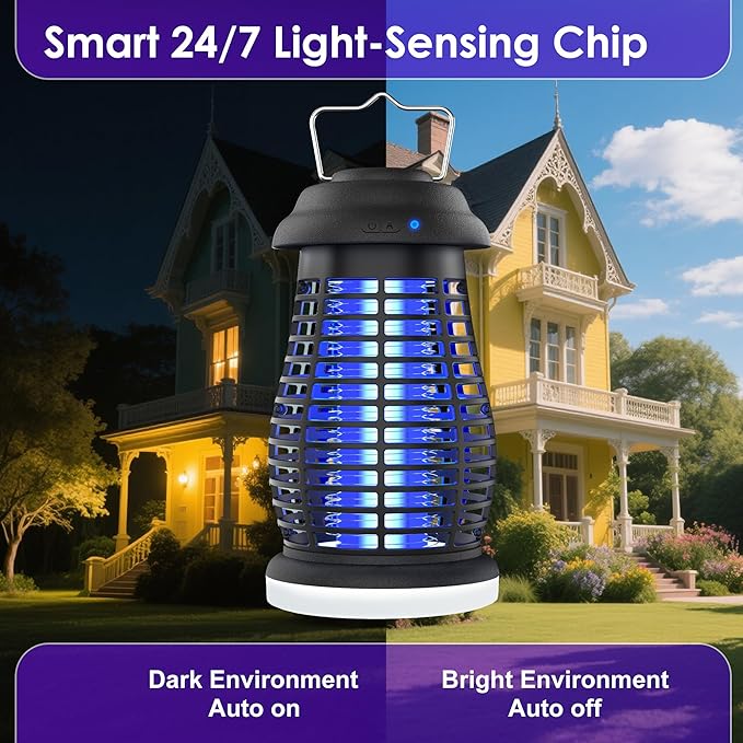 Bug Zapper Outdoor & Indoor Cordless Mosquito Zappers with Rechargeable 4800mAh Battery & Camping Light Electric Fly Trap for Patio, Kitchen, Backyard and Garden Portable Gnat Killer