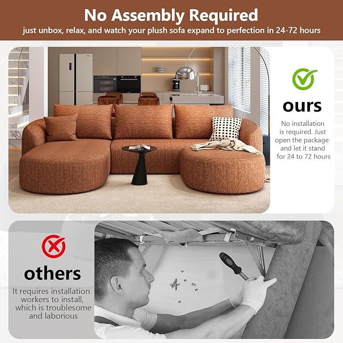 111" Modular Sectional Couches Luxury Modern Curved Back U-Shape Sofa Set with Ottoman,Minimalist Comfy Boneless Cloud Couch for Living Room Apartment,(Left Facing Chaise,Orange)