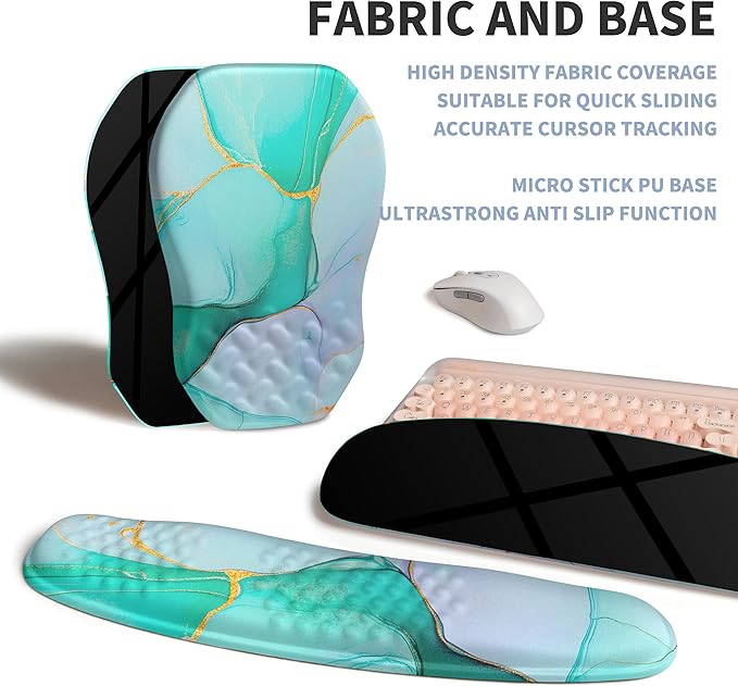 2-in-1 Ergonomic Set, Wave Keyboard Wrist Rest and Massage Slope Mouse Pad Wrist Support, Rebound Memory Foam for Relieve Carpal Tunnel Syndrome and Wrist Pain (Green Gold Marble)