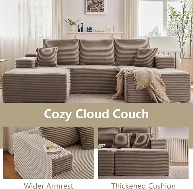 107" U-Shape Cloud Couch, Modern Modular Sectional Comfy L-Shape Sofa with Ottoman, Deep Seat, Upholstered Corduroy Sleeper Chaise Longue for Living Room Bedroom, No Assembly Required, Camel