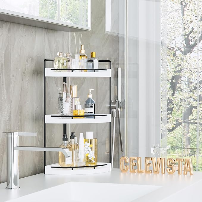 Corner Bathroom Counter Organizer, 3 Tier Bathroom Sink Shelf Countertop, Wood Vanity Skincare Storage for Toiletries Decor, Makeup, Dresser (White)